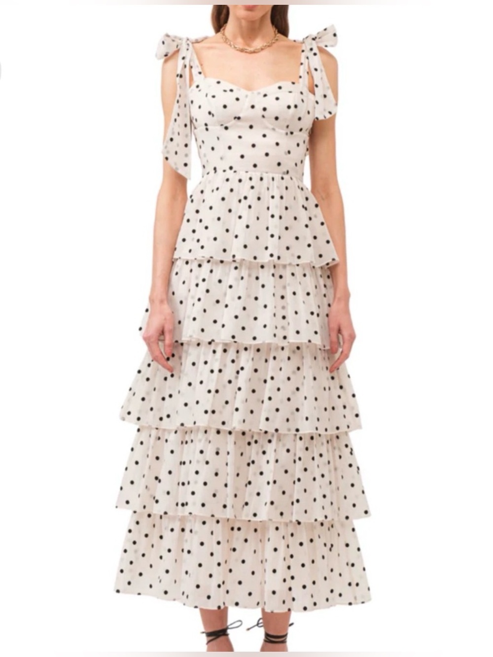 White Polka Dot Tiered Maxi Dress with Tie Shoulders